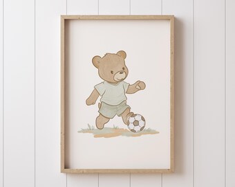 Soccer Teddy Bear Print: Sage Green Nursery Art (Digital Download)