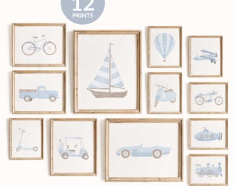 Láminas de vehículos para guardería: Colección de transporte vintage azul (12 unidades) (descarga digital)