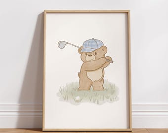 Lámina de pared de osito de golf azul: decoración infantil en acuarela (descarga digital)
