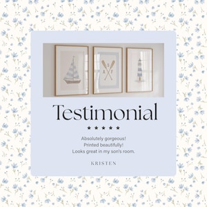 May include: Three framed nautical-themed prints. The prints feature a sailboat, crossed oars with initials, and a lighthouse. The background is a light blue floral pattern. The word "Testimonial" is displayed below the prints.