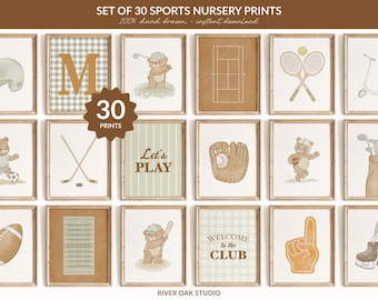 Sports Nursery Gallery Wall Art Prints: Sage Green Vintage Nursery Bundle (30 Digital Download)