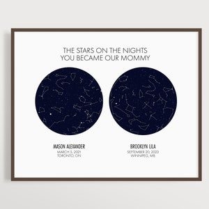 Cadeau personnalisé pour la fête des mères, Les étoiles la nuit où vous êtes devenue notre maman, carte des étoiles personnalisée avec 2 ciels, cadeau de dernière minute à télécharger