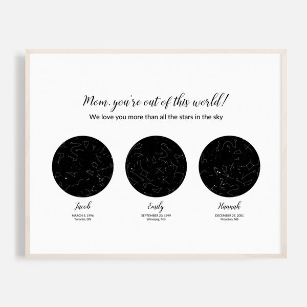 2 3 4 5 or 6 Skies Custom Star Map, mother's day gift from daughter or son, unique personalized family story keepsake