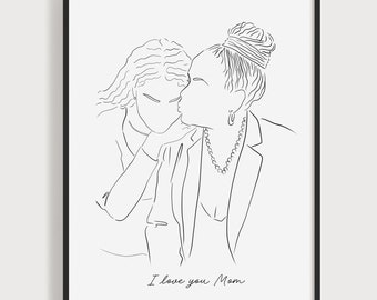 custom line drawing portrait from photo, personalized mother's day gift from daughter or birthday gift for mom