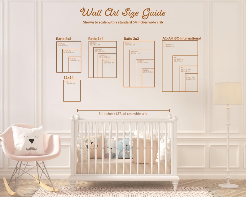 May include: Wall art size guide with size ratios and measurements, shown to scale with a 54-inch wide crib. Includes ratios 4x5, 3x4, 2x3, and A1-A4 ISO International, plus an 11x14 size. The crib is white, with a pink rocking chair and a floor lamp.