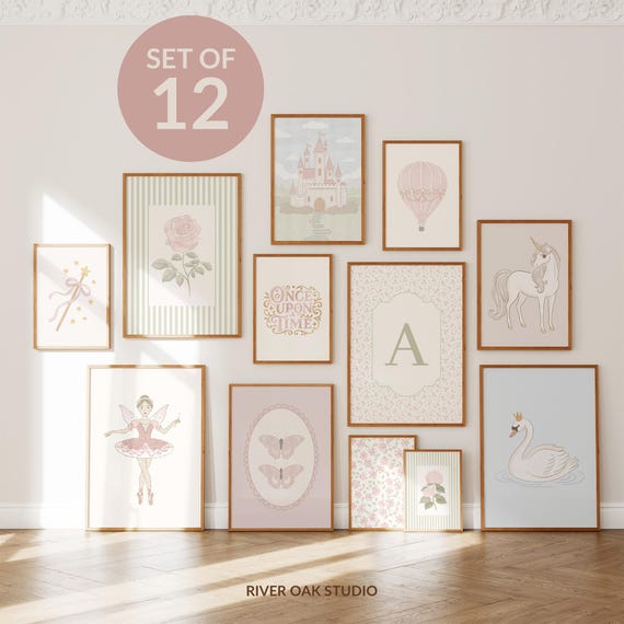 Fairy Tale Nursery Prints Set: Vintage Pink Toddler Girl Gallery Wall Bundle