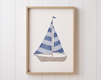Navy Blue Sailboat Print: Watercolor Coastal Nursery Decor (Digital Download)