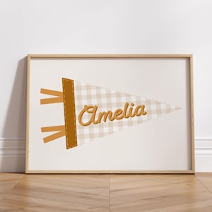 Custom Name Pennant Flag for Gingham Gender Neutral Nursery, Vintage Retro Kids and Baby Nursery Wall Art Digital Print for Play Room