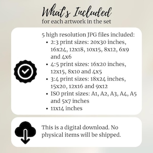 May include: An image with the text "What's Included" lists the print sizes available for digital artwork. Sizes include 2:3, 4:5, 3:4, ISO, and 11x14 inches. The image states it is a digital download.