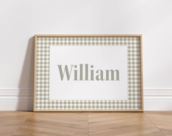 Personalized Name Gingham Nursery Print: Sage Green Custom Preppy Kids Wall Art (Digital Download)
