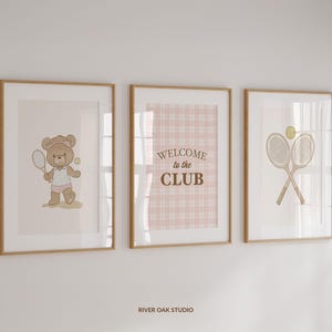 Tennis Nursery Prints Set of 3 Gallery Wall Art, Teddy Bear Tennis Rackets and Ball, vintage sports toddler boy room wall decor, hand drawn