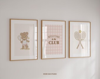 Tennis Nursery Prints Set: Watercolor Teddy Bear, Vintage Sports Art (Digital Download)