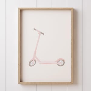 Push Scooter Wall Art Print, Watercolor Powder Pink Kick Scooter Poster for Transportation Baby Nursery or Toddler Girls Room Decor