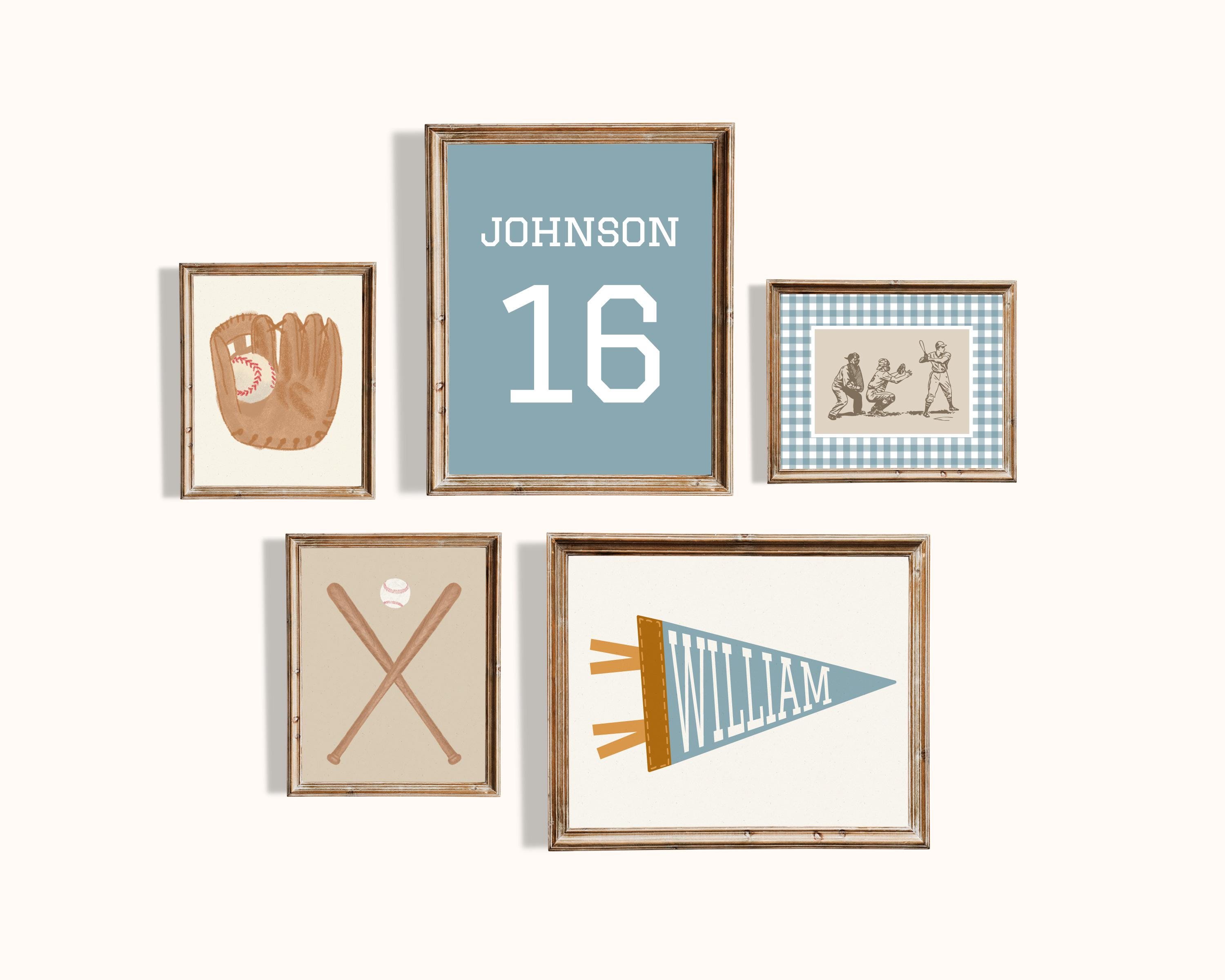 Baseball Nursery Set of 5 Gallery Wall Art Digital Prints with Custom Name Pennant, Blue Baseball Players Kids Room Decor for Boys and Girls