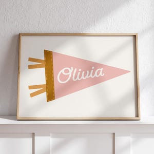 Retro Name Pennant Flag for Girls and Boys shown in pink, Baby Shower Gift, Vintage Decor for Kids and Baby Nursery Wall Art for Play Room