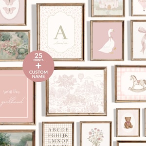 Personalized Pink Nursery Prints Set with Floral Custom Name: Vintage Girl Room Gallery Wall