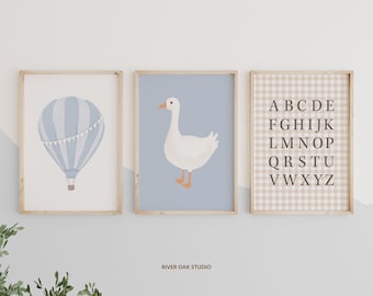 Blue Set of 3 Nursery Gallery Wall Art with Silly Goose Vintage Hot Air Balloon and Gingham Alphabet Prints, baby or toddler boy room decor