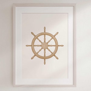 Vintage Boat Steering Wheel Wall Art Print, Nautical Nursery Coastal Beach Sailor Decor for toddler boys and girls room or lake house