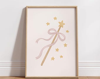 Fairy Wand Print: Pink Bow & Stars, Nursery Wall Art (Digital Download)