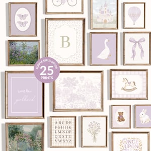 May include: A collection of framed prints in shades of purple and white, featuring various illustrations such as butterflies, a castle, a swan, and a rocking horse. The prints include the text "Purple Girl's Decor" and "25 Prints".