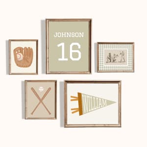 Sage Green Baseball Nursery Set of 5 Gallery Wall Art Digital Prints with Custom Name Pennant, Baseball Players Boys and Girls Room Decor