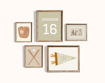 Sage Green Baseball Nursery Set of 5 Gallery Wall Art Digital Prints with Custom Name Pennant, Baseball Players Boys and Girls Room Decor