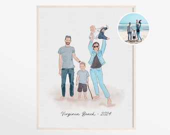 Watercolor Family Portrait from photo, custom vacation keepsake souvenir, personalized birthday or christmas gift for husband or wife