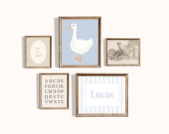 Blue and Beige Silly Goose Nursery Gallery Wall Set of 5 Art Prints with Custom Name,  Gingham Alphabet Country Farm Toddler Boy Room Decor
