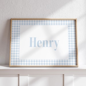 Newborn Name Sign on Gingham Digital Download, Custom Baby Print for Nursery, blue gingham preppy baby shower gift, personalized kids art