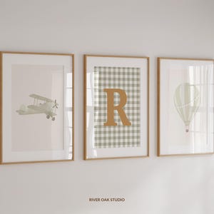 Sage Green Travel Nursery Gallery Wall Art Set of 3 Custom Initial Gingham Vintage Plane Hot Air Balloon Prints, baby toddler boy room decor