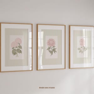 Könnte beinhalten: Drei gerahmte botanische Drucke mit floralen Illustrationen. Jeder Druck hat einen hellbraunen Holzrahmen und einen cremefarbenen Hintergrund mit vertikalem Streifenmuster. Die floralen Illustrationen zeigen rosa Hortensien, Pfingstrosen und Rosen.