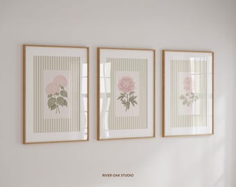 Pink Floral Prints Set: Hydrangea, Peony and Rose on Sage Green Stripes