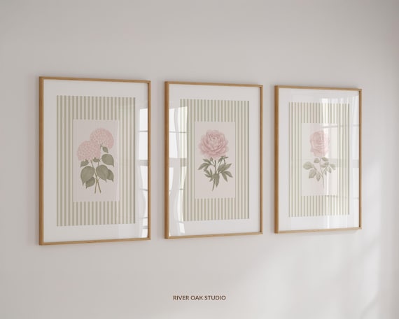 Pink Floral Prints Set: Hydrangea, Peony and Rose on Sage Green Stripes