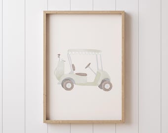 Sage Green Golf Cart Poster, Watercolor Golf Wall Art Print for Summer Sports Vehicles Baby Nursery or Toddler Boys Room Decor