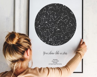 Best Friend Birthday Gift, Star Map Night Sky, Shine like a star, 16th 18th 21st 30th 40th Birthday Gift for Women Girlfriend Sister Niece