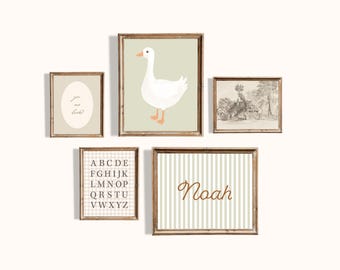 Sage Green Silly Goose Nursery Gallery Wall Set of 5 Art Prints with Custom Child Name,  Vintage Farmhouse Gingham ABC Children Room Decor