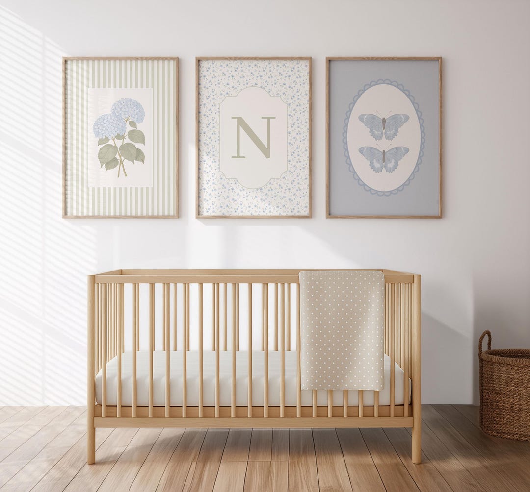 Blue Girl Nursery Prints: Cottagecore Hydrangea, Vintage Floral Initial ...