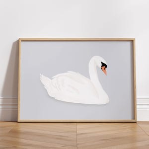 White Swan Art Print, Light Pastel Blue Grey Farmhouse Nursery Swan Wall Art, Vintage Look Printable Poster Swan Nursery or Kid Room Decor