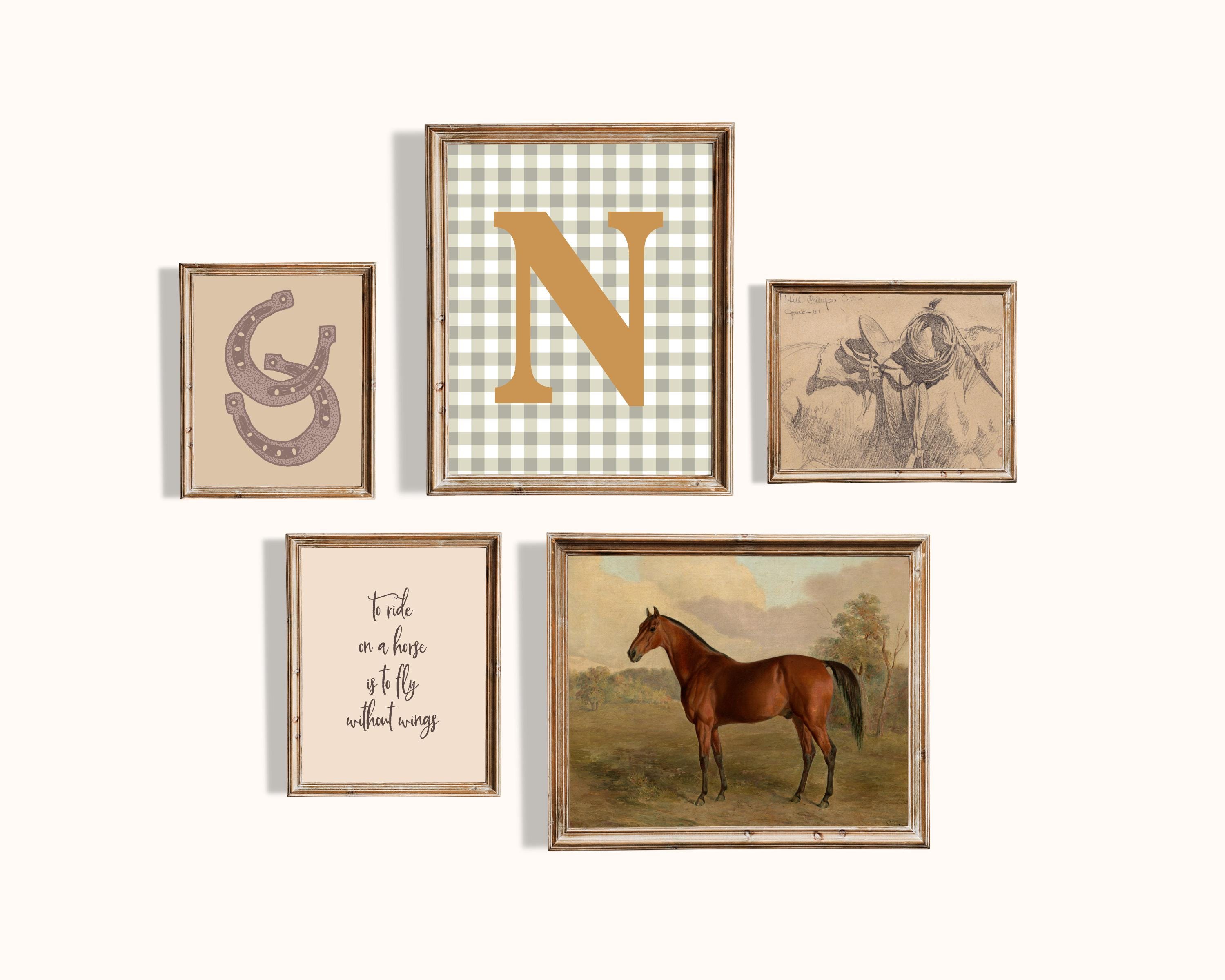 Horse Set of 5 Gallery Wall Art Prints with Custom Initial on Sage Green Gingham, Western Equestrian Quote Boy Nursery Digital Prints