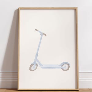 Kick Scooter Print, Pastel Blue Watercolor Push Scooter Wall Art Poster for Transport Vehicles Baby Nursery or Toddler Boys Room Decor