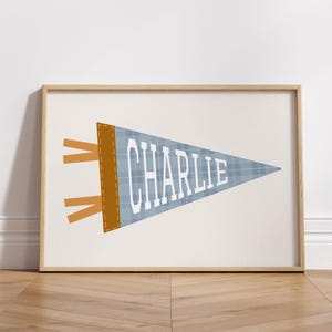 Personalized Name Pennant Flag Digital Download, Blue Tartan Custom Baseball Name Wall Art Printable for Toddlers and Kids Room Decor