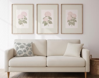 Set of 3 Pink Hydrangeas Prints: French Country Sage Green Striped Floral
