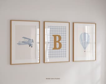 Pastel Blue Travel Nursery Prints Set: Gingham Initial, Plane, Hot Air Balloon (Digital Download)