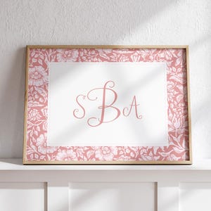 Custom Monogram on Pink Vintage Floral Digital Print, Monochrome Grandmillenial Preppy Kids Girl Nursery Wall Art, Above Crib up to 24x36