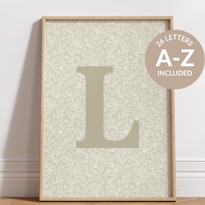 Impresión floral inicial en verde salvia: decoración infantil estilo cottagecore (descarga digital)