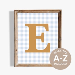 Baby Boy Initial Print on dusty blue gingham, Classic Timeless Vintage Preppy Toddler Kids and Nursery Personalized Monogram Wall Art