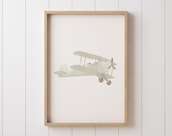 Stampa ad acquerello di un biplano verde salvia: decorazione vintage per la cameretta dei bambini (download digitale)