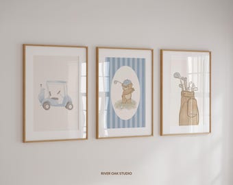 Blue Golf Nursery Set of 3 Gallery Wall Art with Vintage Golf Cart Clubs Bag and Teddy Bear Prints, baby or toddler boy golfing room decor