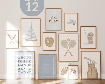 Láminas vintage deportivas para habitación infantil: Set de 12 láminas azules para pared de bebé niño