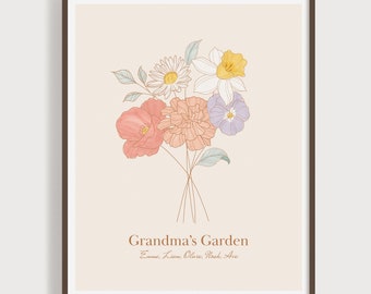 Grandma's Garden Birth Month Flowers Bouquet Digital Download, personalized mother's day gift for grandparents, printable last minute gift